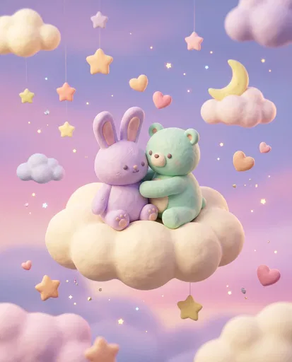 Pastel Clay Bunny and Bear on Cloud