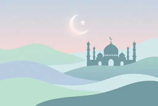 Pastel Mosque Silhouette and Crescent Moon Illustration