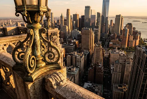 Ornate Bronze Lamppost Overlooking Lower Manhattan Skyline