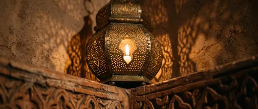 Glowing Brass Moroccan Lantern on Terracotta Ledge