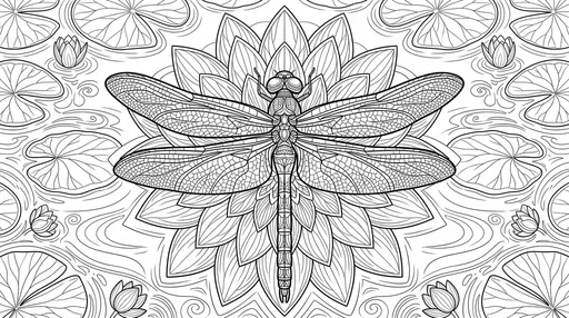 Symmetrical Dragonfly and Water Lily Coloring Page