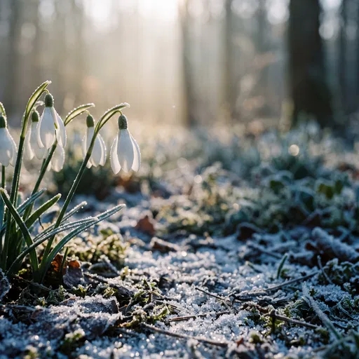Frosty White Snowdrops in Morning Forest Light