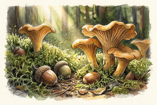 Watercolor Illustration of Chanterelle Mushrooms and Acorns