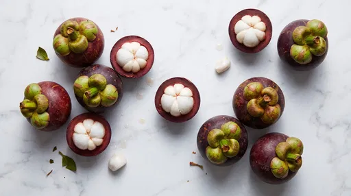 Fresh Mangosteen Fruits on White Marble