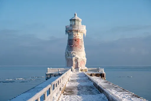 Frozen Lighthouse on Snowy Winter Pier