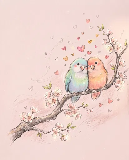 Pastel Lovebirds on Flowering Cherry Branch