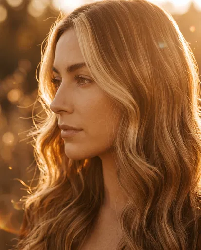 Woman with Golden Balayage Hair at Sunset