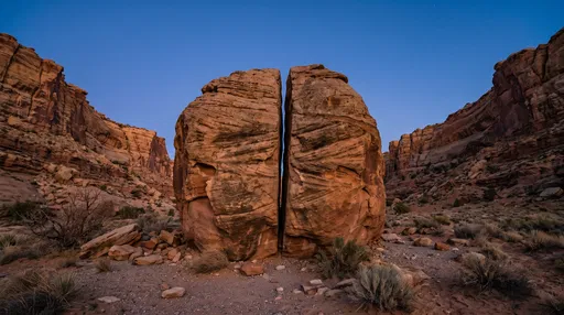 Split Sandstone Boulder in Desert Canyon
