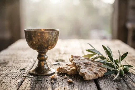 Brass Chalice With Bread and Olive Branch