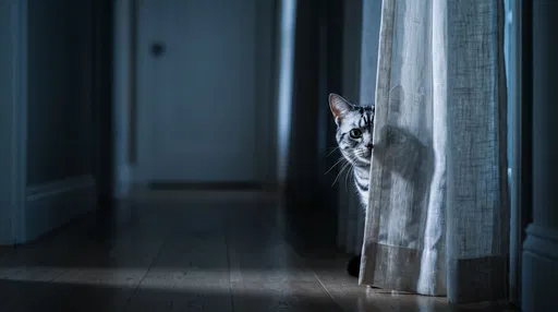 Silver Tabby Cat Hiding Behind Curtain