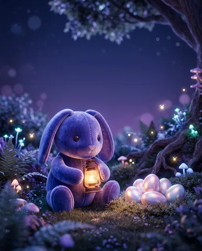 Plush Bunny With Lantern and Easter Eggs