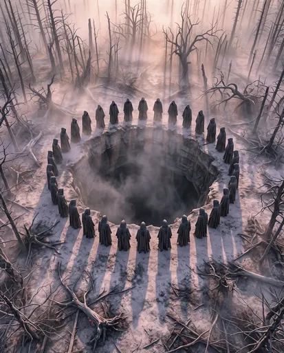 Cloaked Figures Surrounding Misty Forest Sinkhole