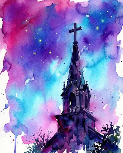 Watercolor Church Steeple Under Twilight Sky