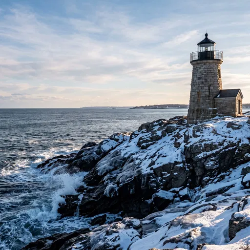 Granite Lighthouse on Snowy Rocky Coast