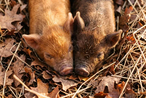 Two Piglets Snuggling in Autumn Leaves
