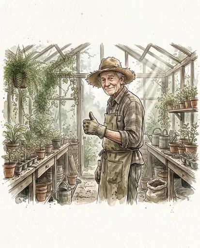 Elderly Gardener Giving Thumbs Up in Greenhouse
