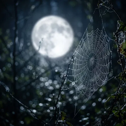 Dewy Spiderweb Under Glowing Full Moon