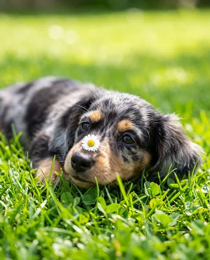 Dappled Dachshund Puppy With Daisy On Nose