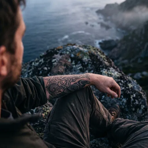 Man With Nordic Raven Forearm Tattoo