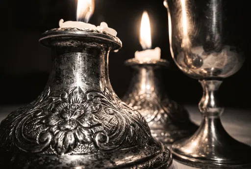 Antique Silver Shabbat Candlesticks and Goblet