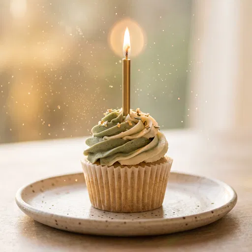 Artisanal Cupcake With Lit Gold Candle