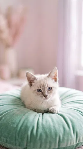Kitten Resting on Mint Velvet Cushion