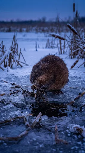Muskrat Eating Roots on Frozen Marsh