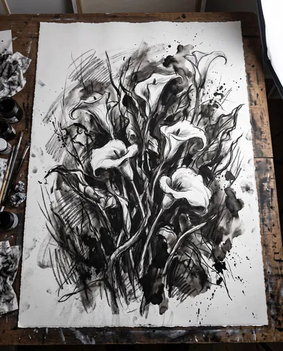 Charcoal and Ink Calla Lily Drawing