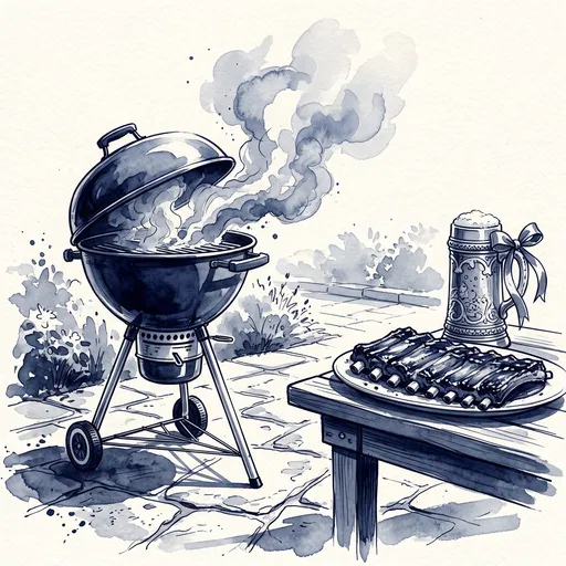 Indigo Watercolor Barbecue Grill and Ribs