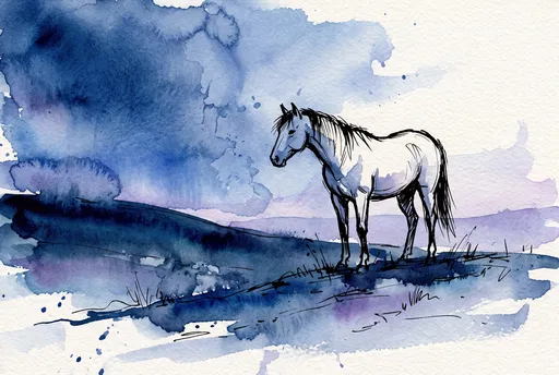 Watercolor and Ink Horse on Blue Hill