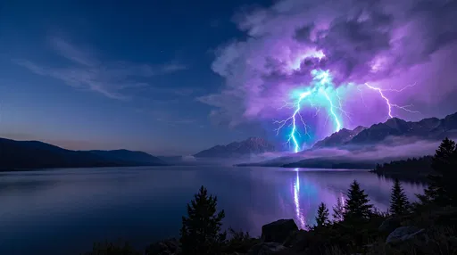 Purple and Cyan Lightning Over Mountain Lake