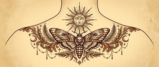 Symmetrical Sun and Moth Tattoo Design