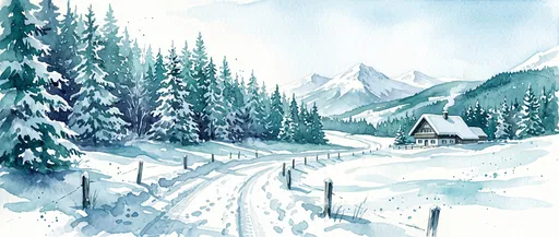 Watercolor Winter Road and Alpine Chalet