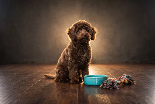 Chocolate Miniature Goldendoodle With Bowl and Toy
