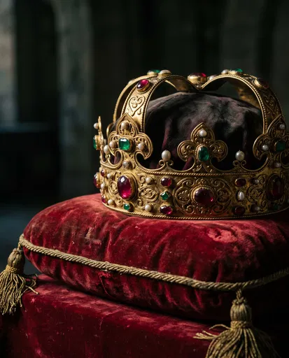 Ornate Gold Crown on Red Velvet Cushion