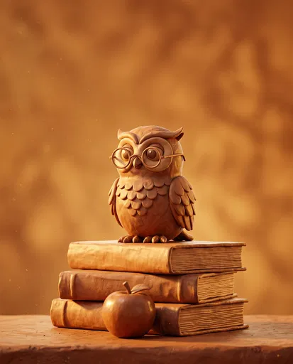 Clay Owl On Books With Apple