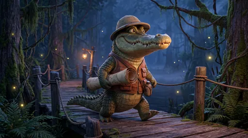Cartoon Alligator Explorer on Swamp Boardwalk
