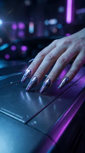 Hand With Cyberpunk Purple Chrome Nail Art