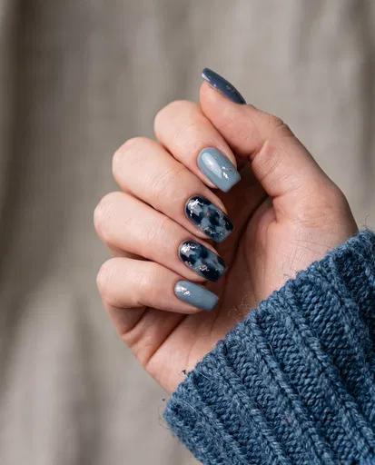 Blue Tortoiseshell Nail Art with Silver Foil