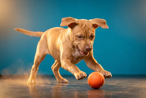 Playful Fawn Puppy Pouncing on Ball