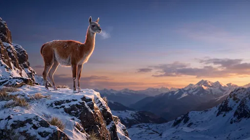 Guanaco on Snowy Mountain Ledge at Sunset