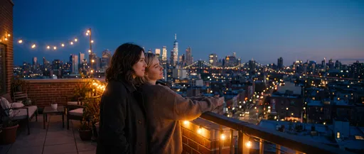 Couple on Rooftop Overlooking City Skyline