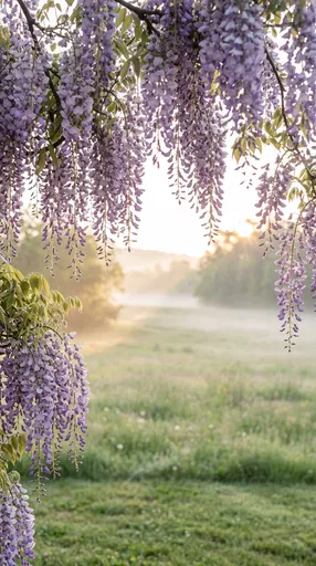 Cascading Purple Wisteria Over Misty Morning Meadow