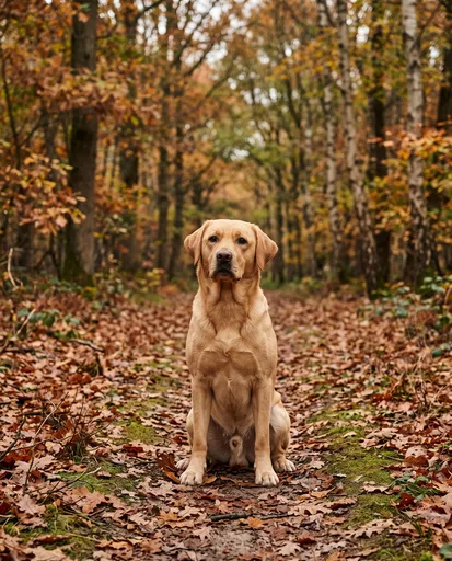 Yellow Labrador Sitting on Autumn Forest Path