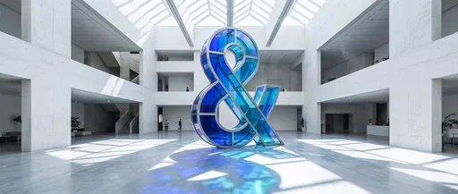 Blue Glass Ampersand Sculpture in Modern Atrium