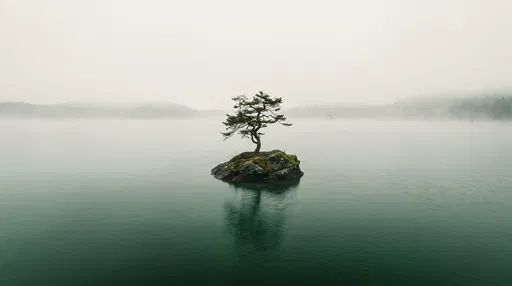 Lone Pine Tree on Misty Lake Islet