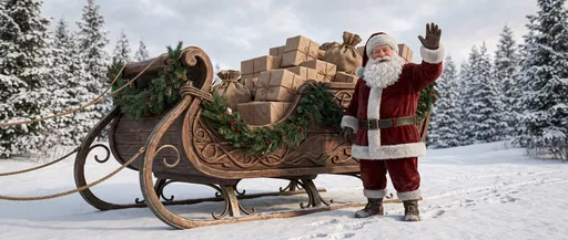 Santa Claus Waving Beside Wooden Sleigh