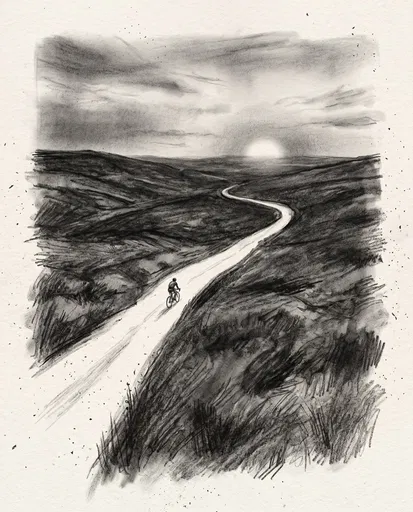 Charcoal Illustration of Cyclist on Moorland Road
