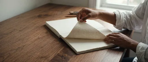 Hands Turning Blank Sketchbook Page on Desk