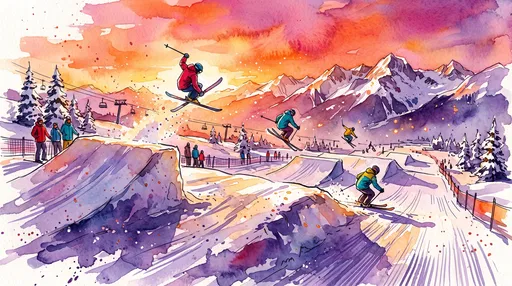 Watercolor Illustration of Skiers at Sunset